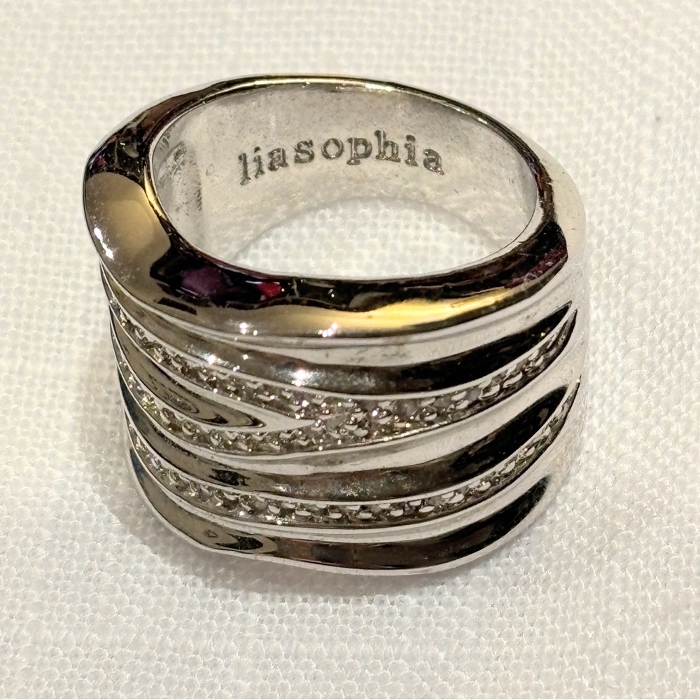 Lia Sophia Ring REVVED UP Boho Wavy Silver Tone Rhinestone Wide Band Size 10.5